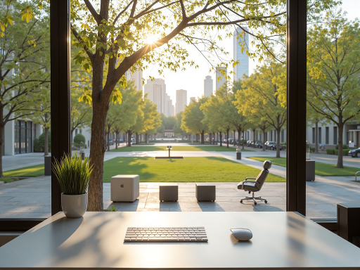 公司建筑外观，现代化办公楼，绿树环绕，体现企业环境优美